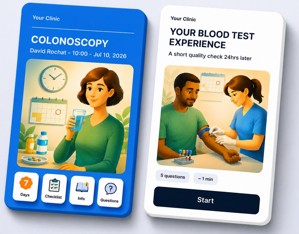 Two medical patient engagement cards showing a colonoscopy preparation guide and a blood test feedback survey.