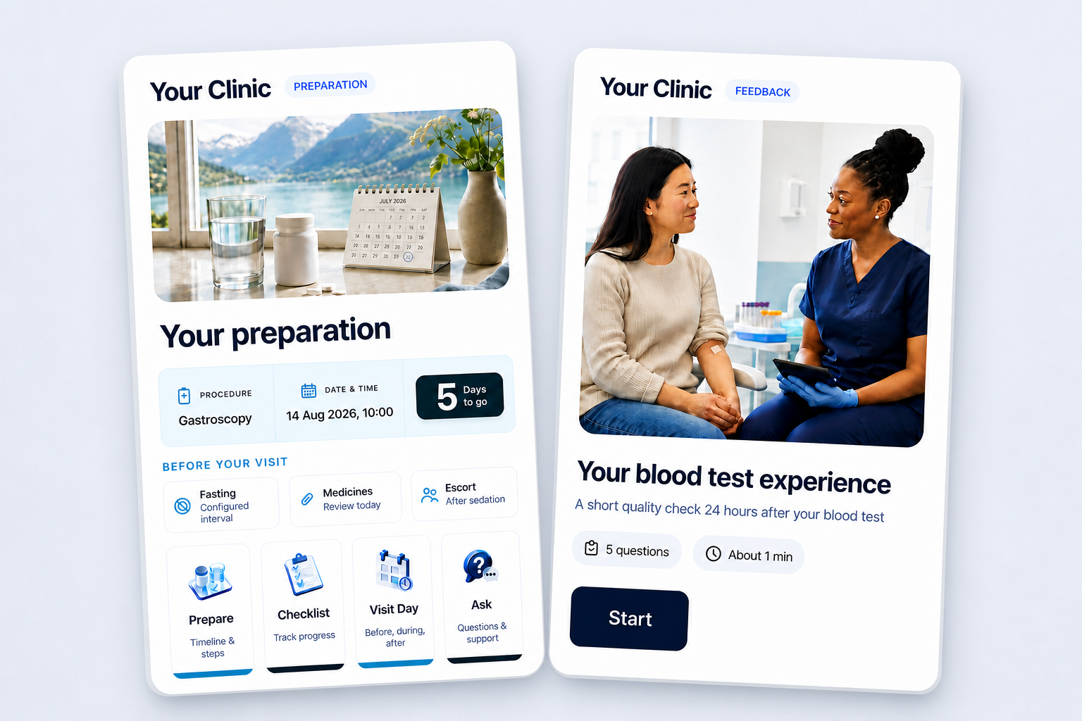 Two large, equal-sized and gently tilted Your Clinic patient engagement cards showing procedure preparation and a blood test feedback survey.